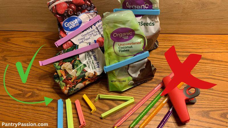 Collection of favorite bag clip accessory on table and used on food bags and less desirable food clip accessories.