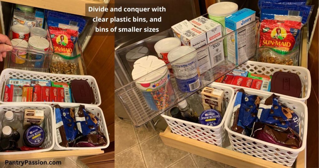 Various sizes of bins to help organize pantry.