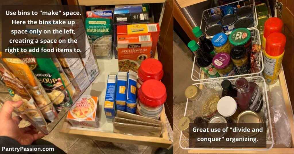 Bins help organize deep pantry shelves.