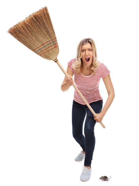 Woman holding a broom trying to kill a mouse.