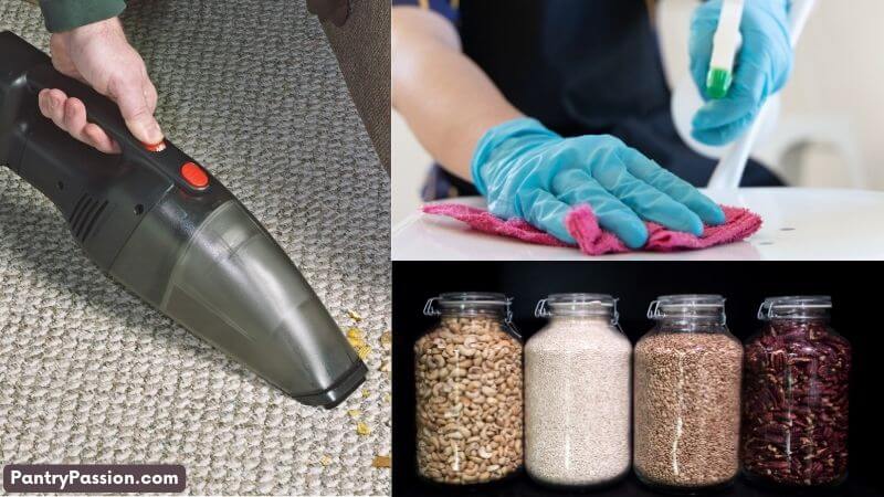 Vacuuming and washing shelves and carpets after pantry moth infestation.