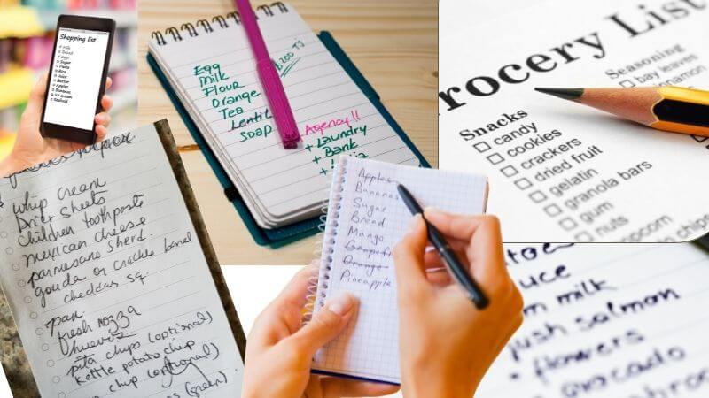 Examples of different types of grocery lists on paper.