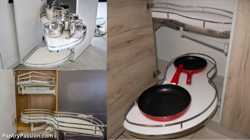 Examples of Lemans, "peanut" or "bean" shaped corner units for blind corner kitchen cabinet.