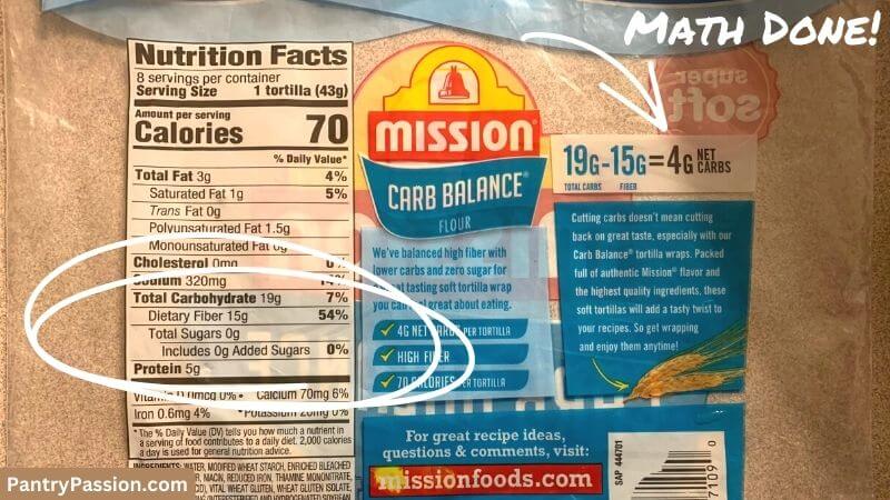 Tortilla package nutrition facts with total carbohydrates circled.