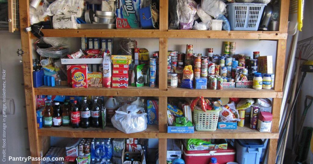 Food storage in a garage, on shelves.