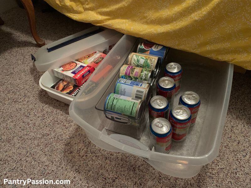 Food storage under bed in plastic tote.