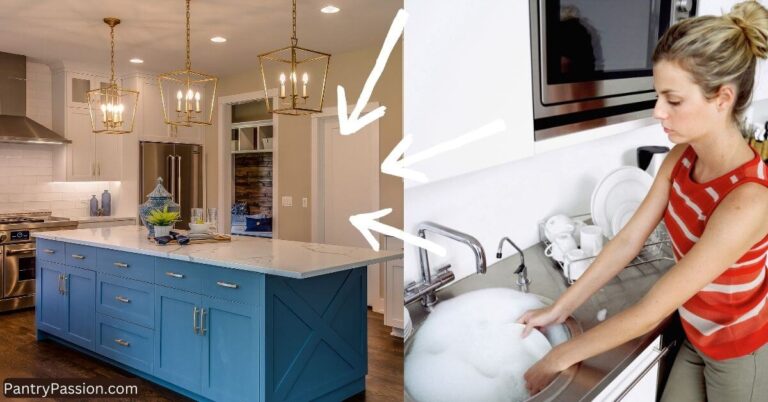 Slate blue kitchen cabinets with question marks where the hidden pantry.