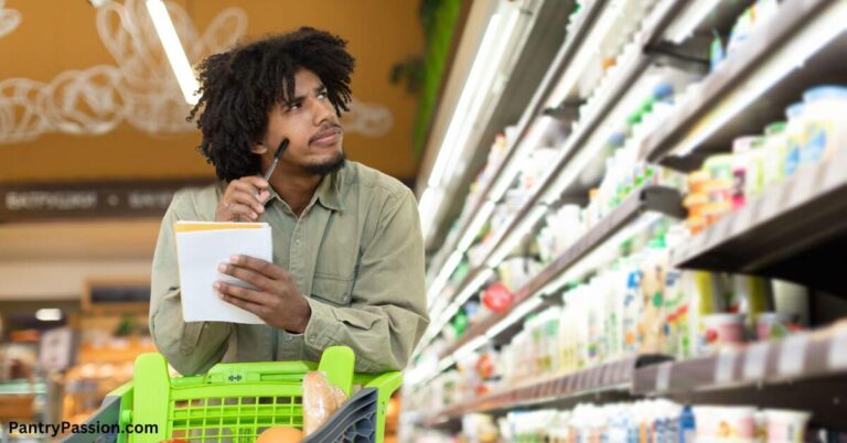 Man grocery shopping, thinking about food selection.