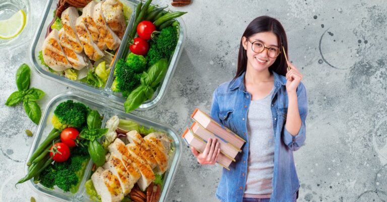 Student surrounded with healthy food choices.