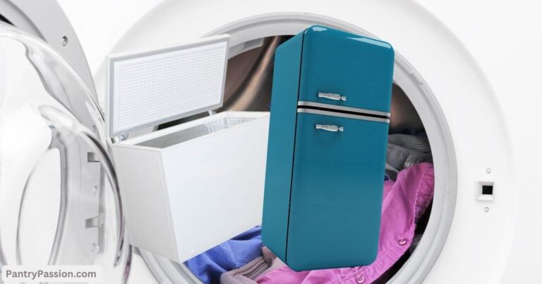 Freezer and refrigerator sharing laundry room space.