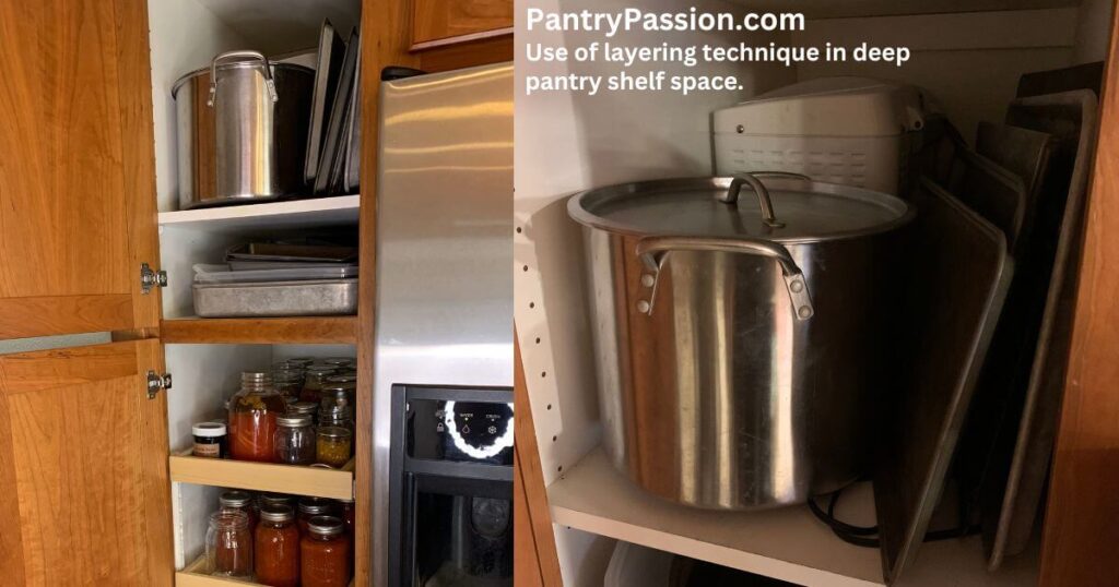 Deep pantry cabinet showing objects placed front to back.