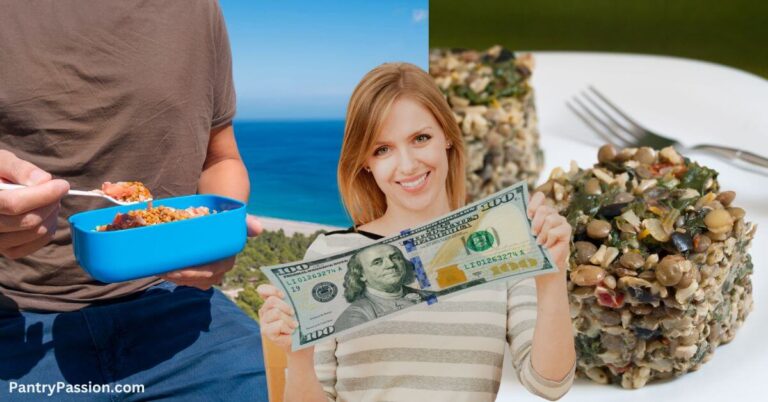 Woman with a stretch dollar bill in hand with pictures of lentil foods in the background.