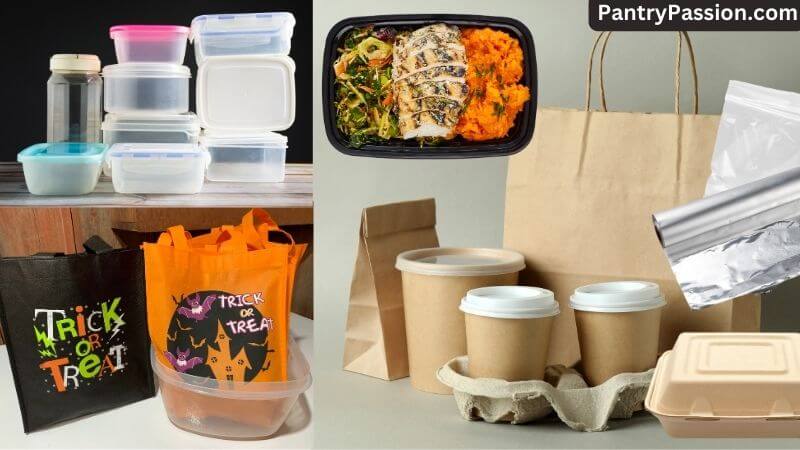 Container options for packing lunches: paper bag, plastic containers, fabric bags.