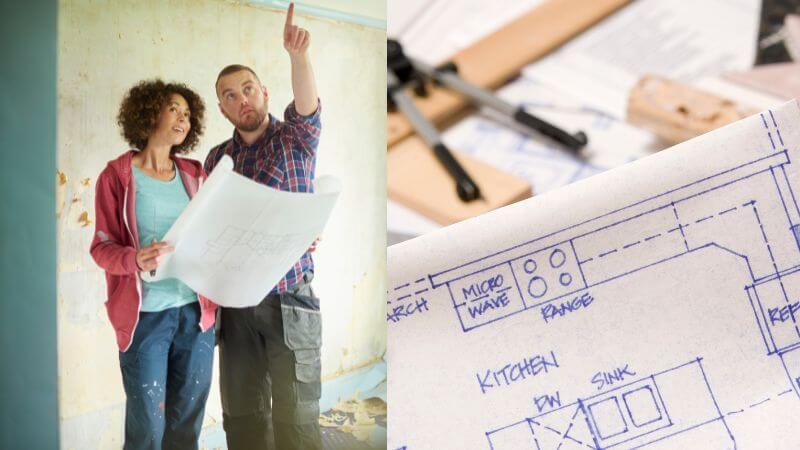 Man and woman discussing kitchen floor plans.