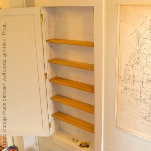 Pantry storage built between wall studs.