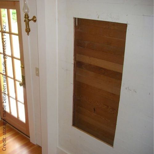 Found space near entryway reclaimed for pantry space between wall studs.