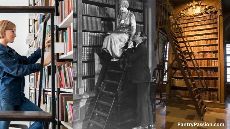 Examples of rolling stairs with platforms in a library setting.
