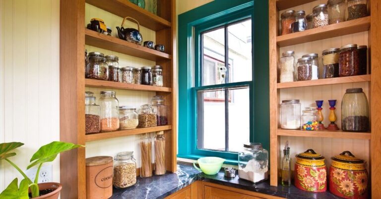 Pantry with shallow shelves.