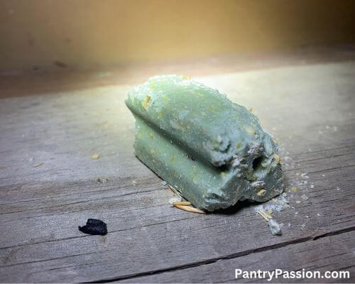 Signs of mouse chewing bait.