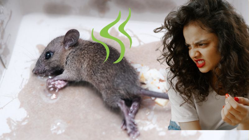 Woman disgusted with smell of dead mouse.