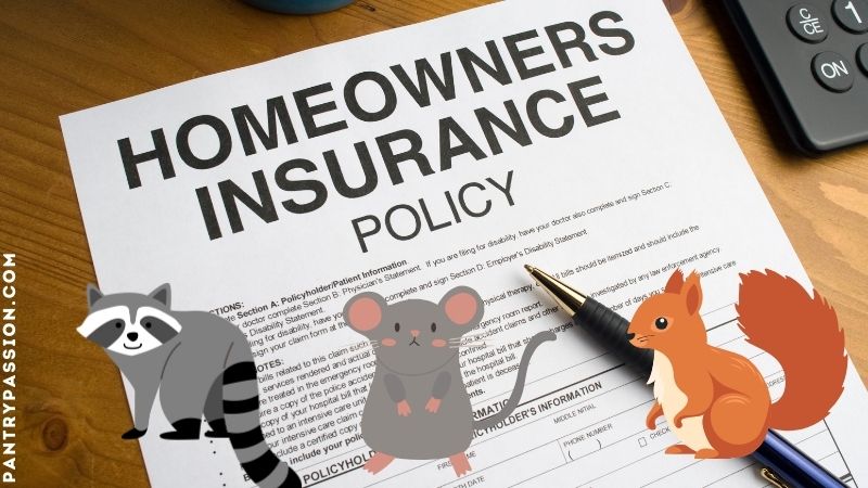 A copy of a homeowner's insurance policy asking if pest control is covered; forefront: image of raccon, mouse, and squirrel.