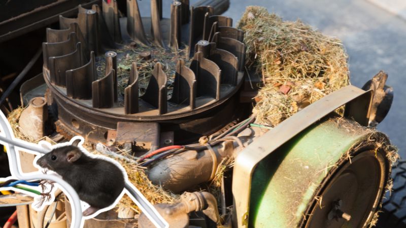 Exposed engine or tractor revealing mouse nests.