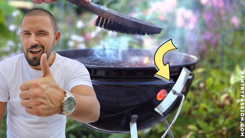 Man with thumbs up showing a metal slider on a Weber grill that keeps mice out of vent hole.