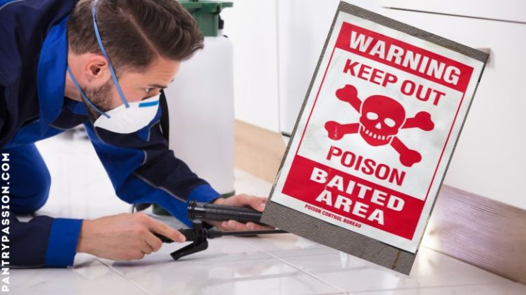 Man with mask on a sprayer from a mouse proofing services company; sign reads "Poison Keep Out."