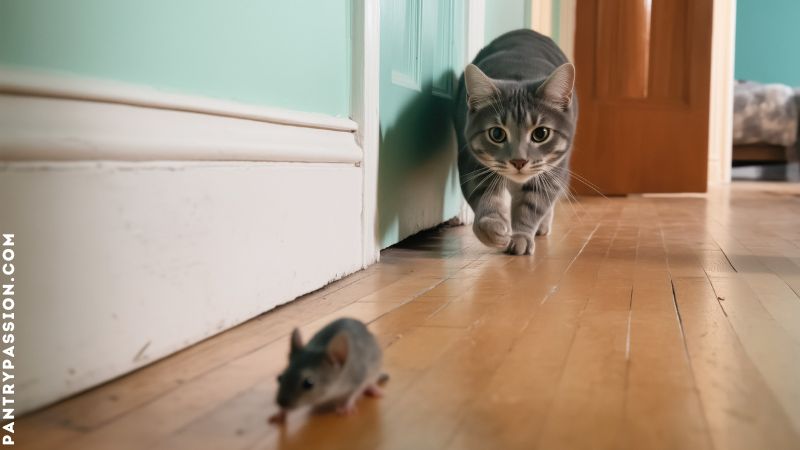 Cat stalking a mouse in a hallway.