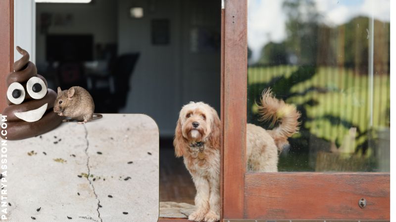 Dog looking outside of patio door: inset: mouse droppings and cartoon figure of poop.