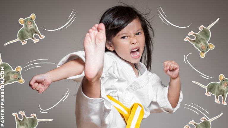 Girl doing a karate chop; rats flying away as she hitst hem.