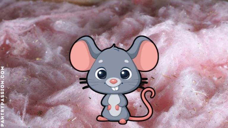 Cartoon mice in front of closeup of pink attic insulation.