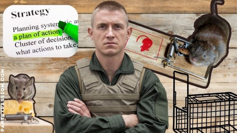 Tough guy dressed in commando gear planning strategy to trap mice.