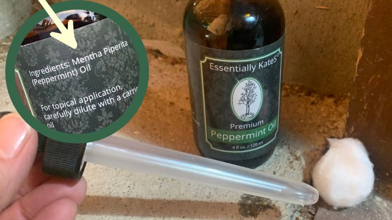 Close up bottle of Kate's Essential oils showing the ingredient "mentha piperita" 
