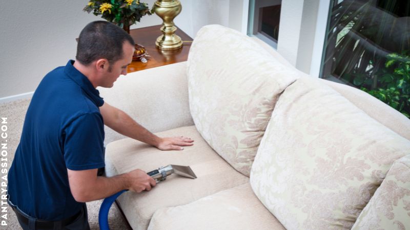 Man vacuum cleaning a upholstered couch.